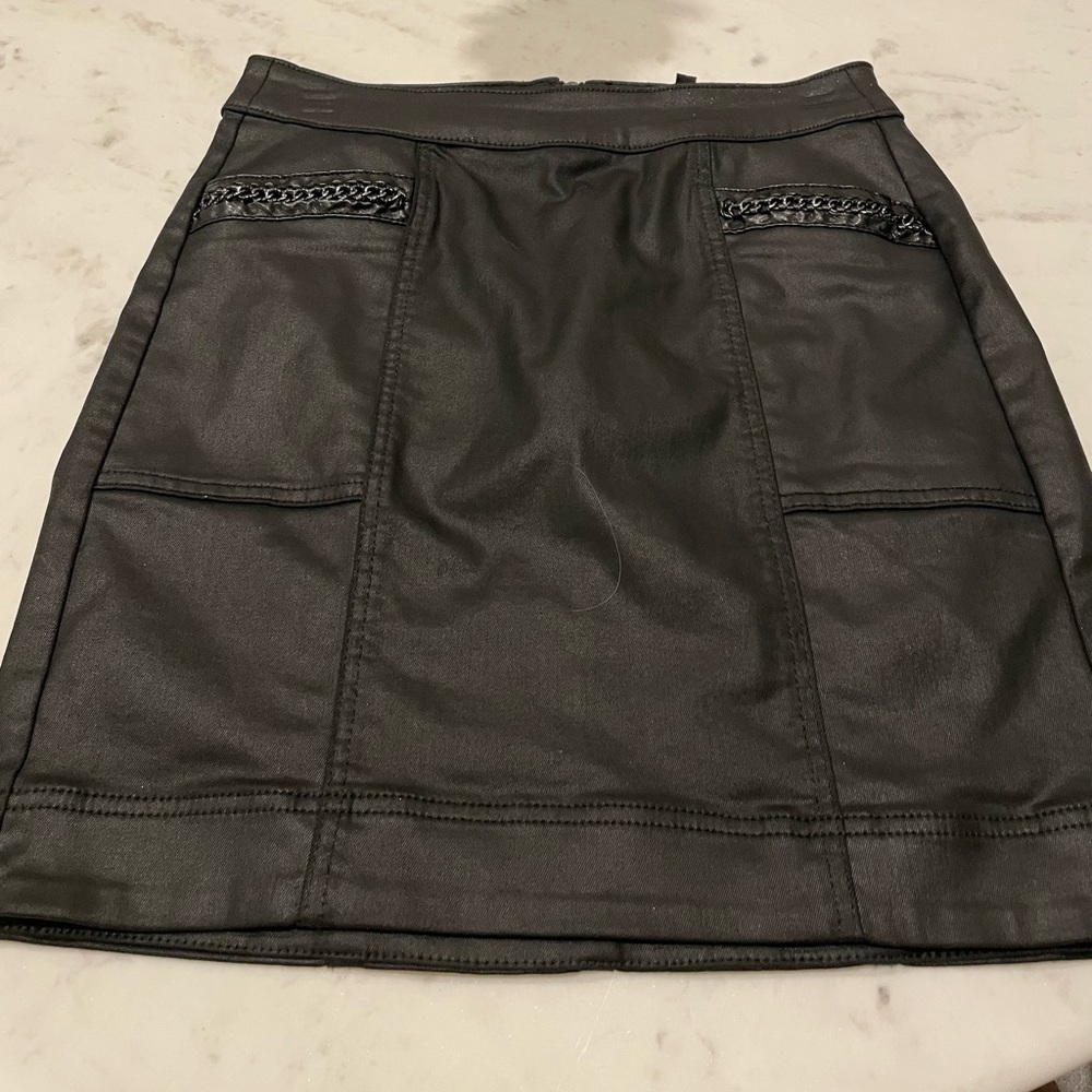 Coated denim black mini skirt with chain detail